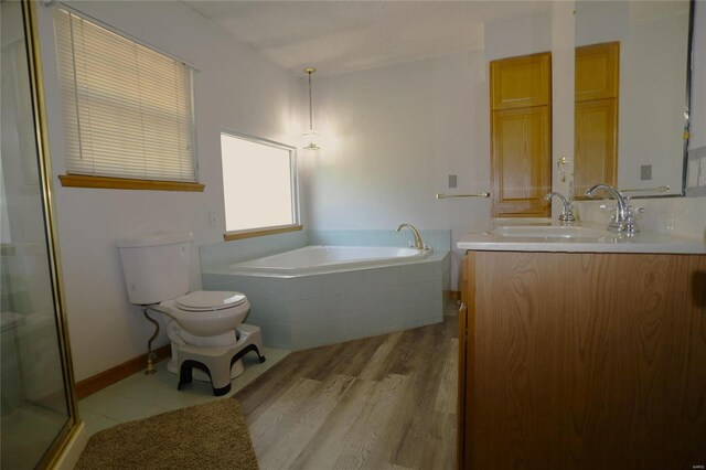 full bathroom with plus walk in shower, wood-type flooring, vanity, and toilet