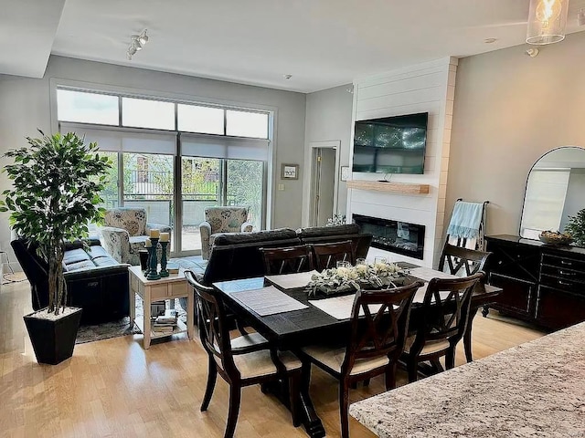 dining space featuring a fireplace and light hardwood / wood-style floors