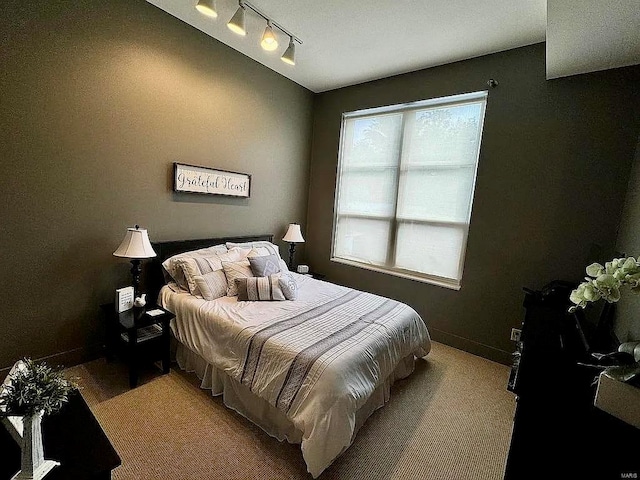 carpeted bedroom with track lighting