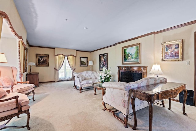 living room featuring light colored carpet and ornamental molding