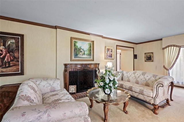 living room featuring a brick fireplace and crown molding