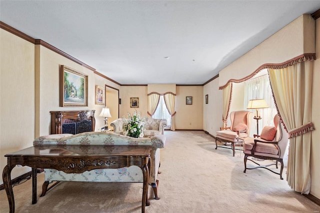 interior space featuring light carpet and ornamental molding