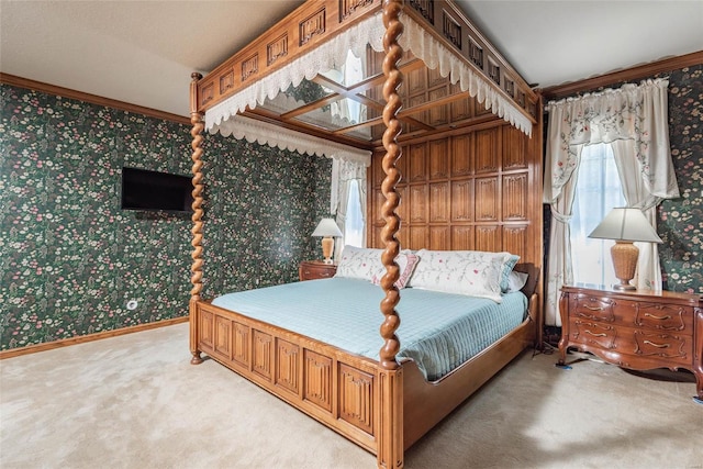 carpeted bedroom with crown molding