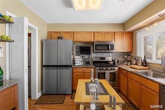 kitchen featuring light hardwood / wood-style flooring, stainless steel appliances, decorative backsplash, and sink