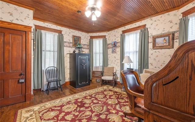 home office featuring wood ceiling, dark hardwood / wood-style floors, and ceiling fan