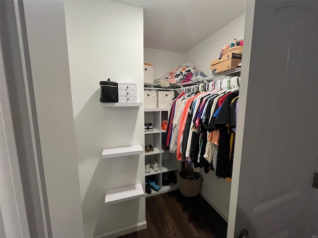 walk in closet with dark hardwood / wood-style flooring