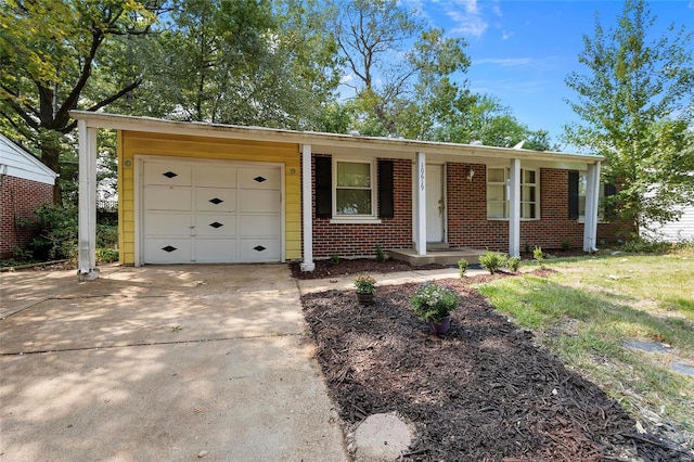 ranch-style home with a porch and a garage