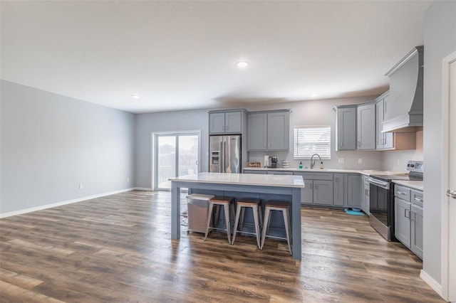 kitchen with dark wood-type flooring, plenty of natural light, appliances with stainless steel finishes, and sink