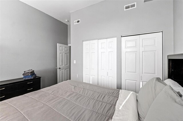 bedroom with high vaulted ceiling and multiple closets