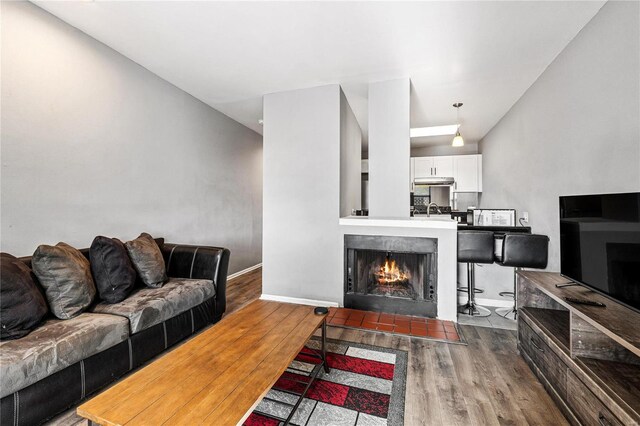 living room with a tile fireplace, dark hardwood / wood-style floors, and sink