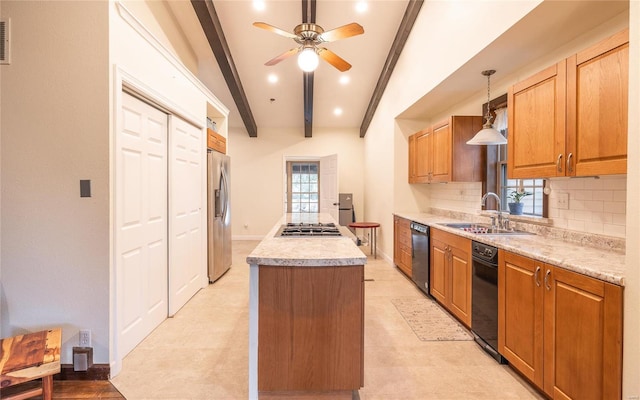 kitchen featuring decorative backsplash, a kitchen island, beamed ceiling, stainless steel appliances, and a sink