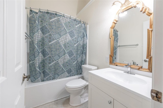 full bath featuring shower / bath combination with curtain, vanity, and toilet