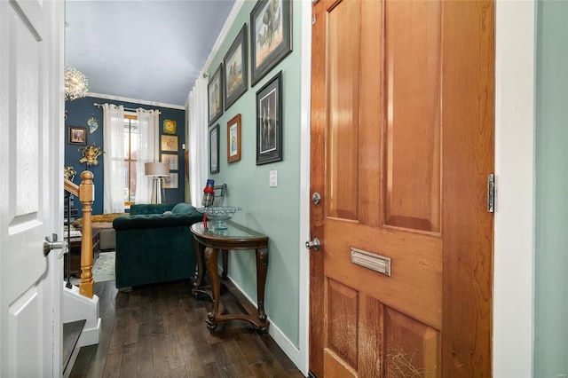 entryway featuring dark hardwood / wood-style flooring and ornamental molding