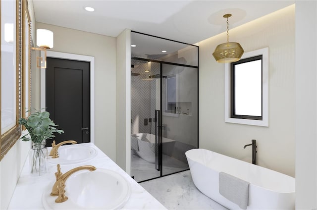 bathroom with vanity and independent shower and bath