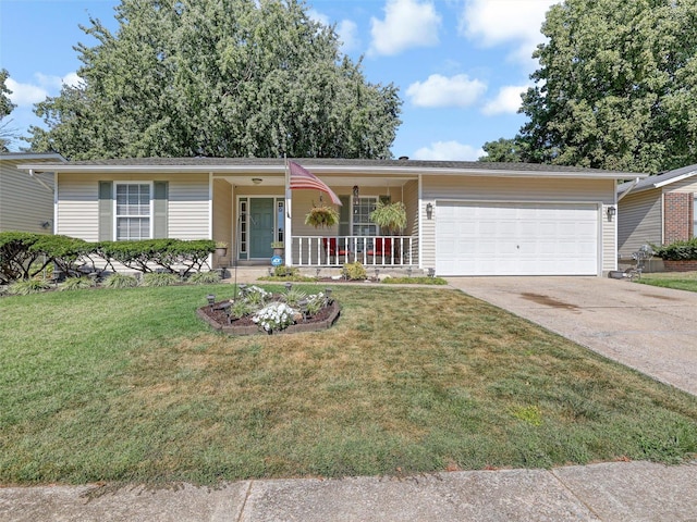 ranch-style house featuring a front yard, a porch, and a garage