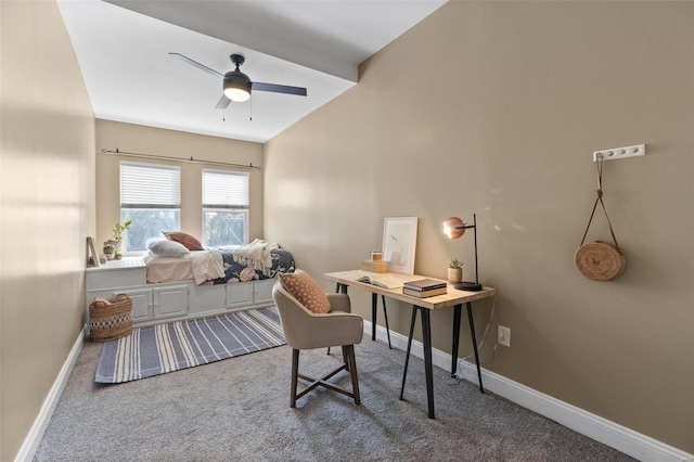 bedroom featuring vaulted ceiling, ceiling fan, and carpet flooring