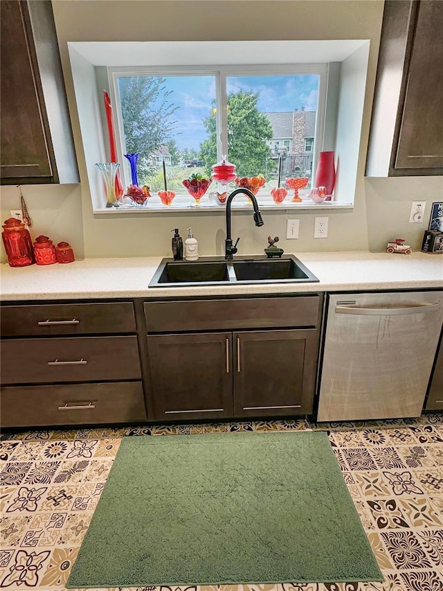 kitchen featuring dark brown cabinetry, stainless steel dishwasher, and sink