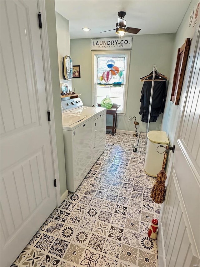 washroom with separate washer and dryer, light tile patterned flooring, and ceiling fan