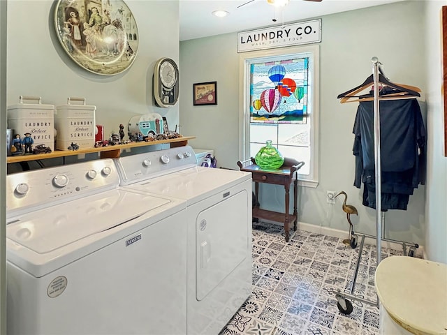 laundry room with ceiling fan, independent washer and dryer, and a healthy amount of sunlight