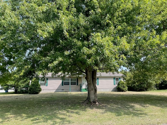 view of property hidden behind natural elements featuring a front yard