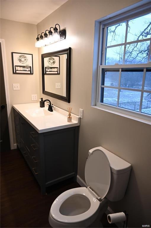 bathroom featuring vanity, toilet, and hardwood / wood-style flooring