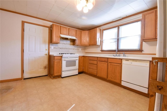 kitchen with decorative backsplash, sink, white appliances, and crown molding