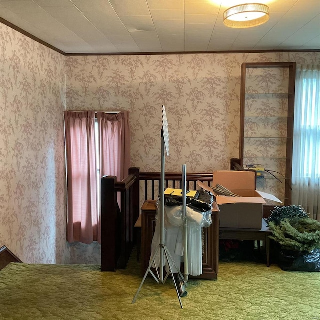 interior space with carpet floors and crown molding