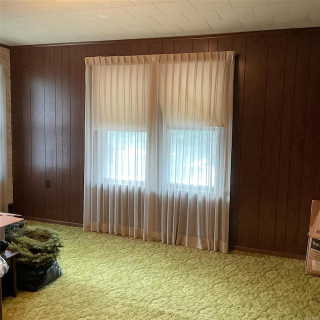 carpeted spare room featuring wood walls