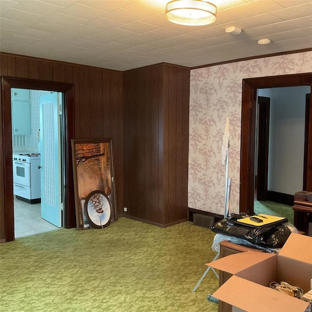 interior space featuring wooden walls and light carpet