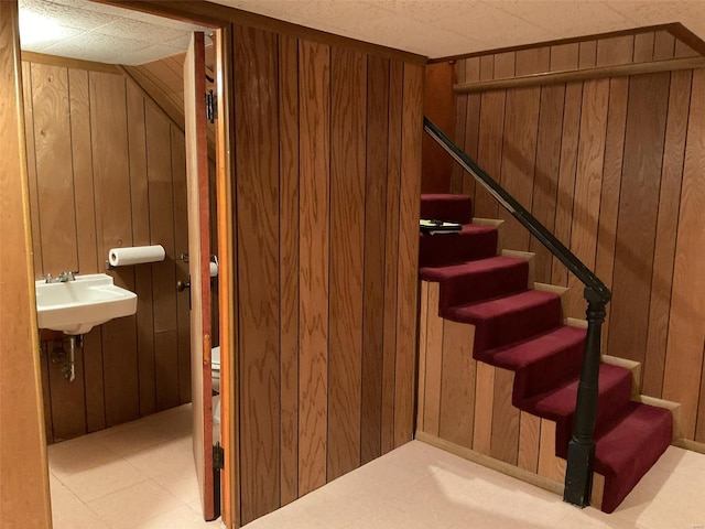 stairway with wooden walls and sink