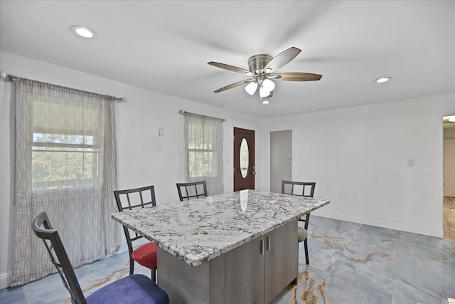 interior space with ceiling fan