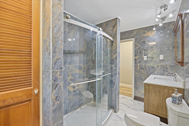 bathroom with tile walls, vanity, toilet, and an enclosed shower