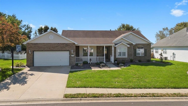 ranch-style home featuring central AC, a front lawn, a porch, and a garage