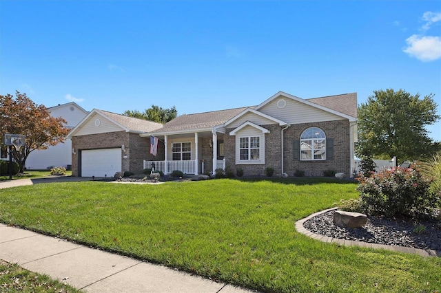 ranch-style home with a garage, covered porch, and a front yard