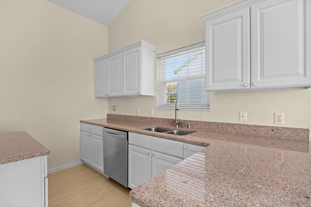 kitchen featuring white cabinetry, sink, dishwasher, and light wood-type flooring