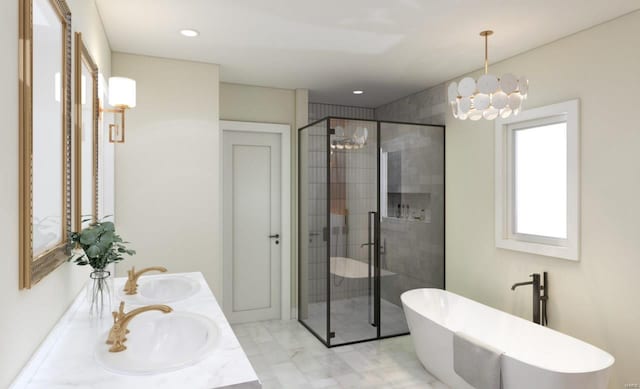 bathroom with shower with separate bathtub and vanity