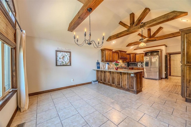 kitchen featuring appliances with stainless steel finishes, high vaulted ceiling, ceiling fan with notable chandelier, kitchen peninsula, and beamed ceiling