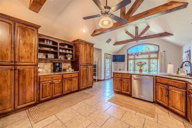 kitchen featuring dishwasher, light tile patterned flooring, sink, vaulted ceiling with beams, and ceiling fan