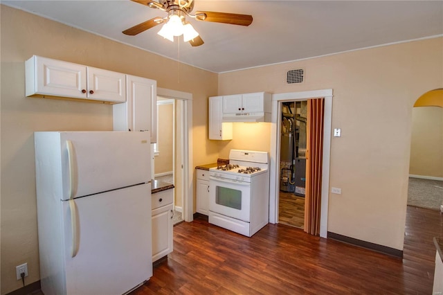 kitchen featuring white cabinets, white appliances, dark hardwood / wood-style flooring, and ceiling fan