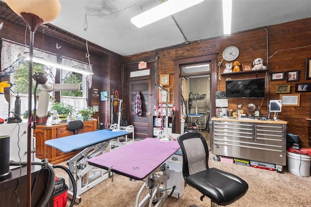 exercise area featuring wooden walls and carpet