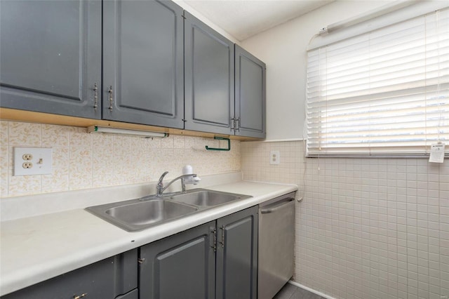 kitchen featuring sink, gray cabinets, and dishwasher