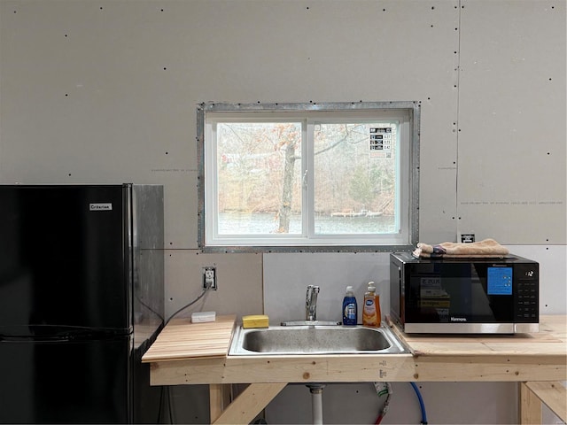 kitchen featuring black refrigerator and sink