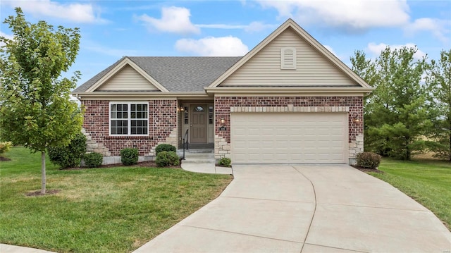 single story home featuring a garage and a front yard