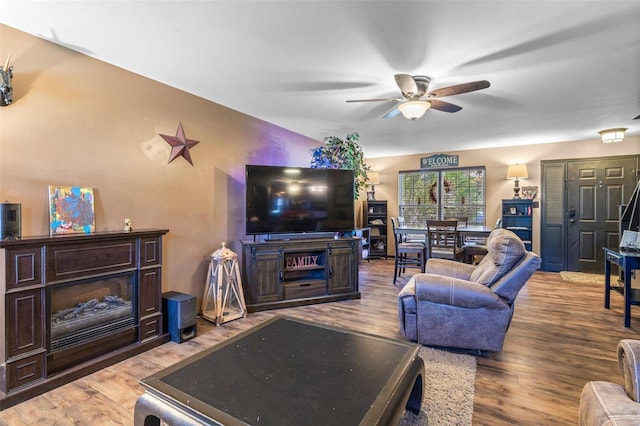 living room featuring ceiling fan and wood-type flooring