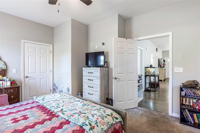 carpeted bedroom featuring ceiling fan