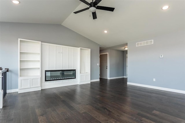 unfurnished living room with ceiling fan, dark hardwood / wood-style flooring, and vaulted ceiling