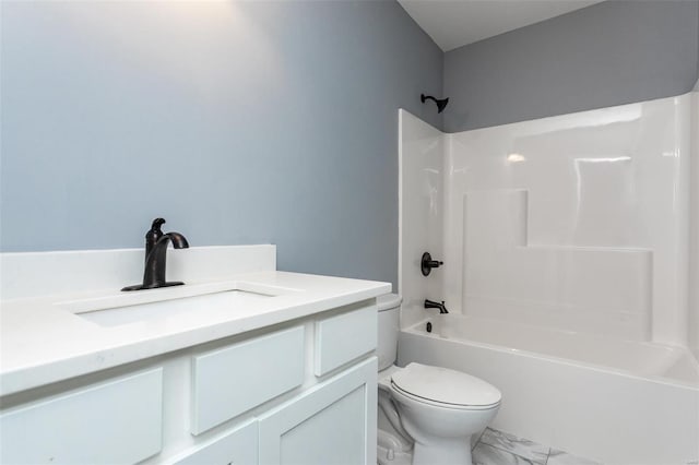 full bathroom with shower / bathing tub combination, vanity, and toilet