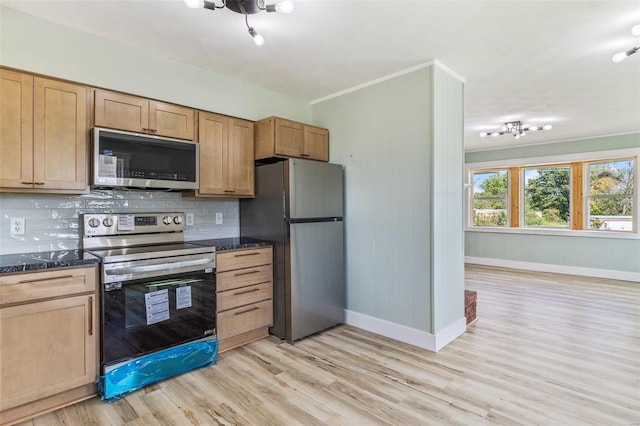 kitchen featuring light wood-type flooring, stainless steel appliances, backsplash, wooden walls, and crown molding