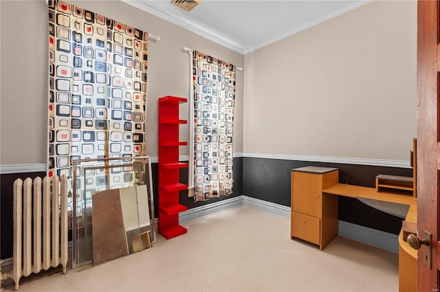 home office featuring radiator and ornamental molding