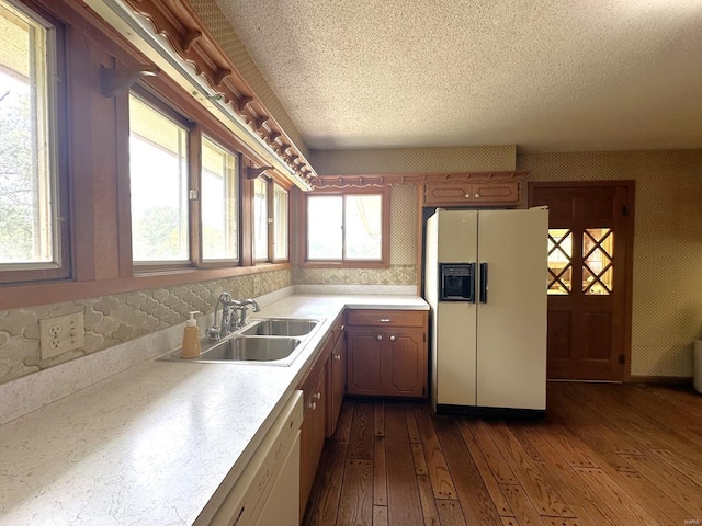 kitchen featuring a textured ceiling, dark hardwood / wood-style floors, sink, and white appliances